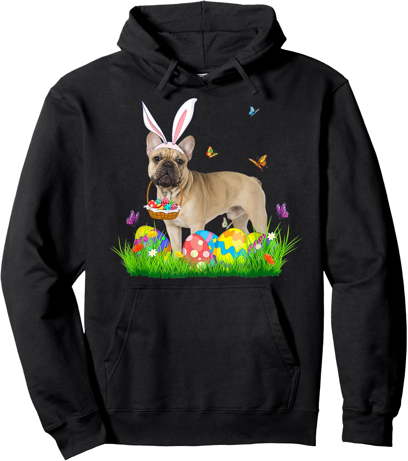 Bunny French Bulldog With Egg Basket Easter Hunting Egg Men Women Hoodie - Hoodie | Black