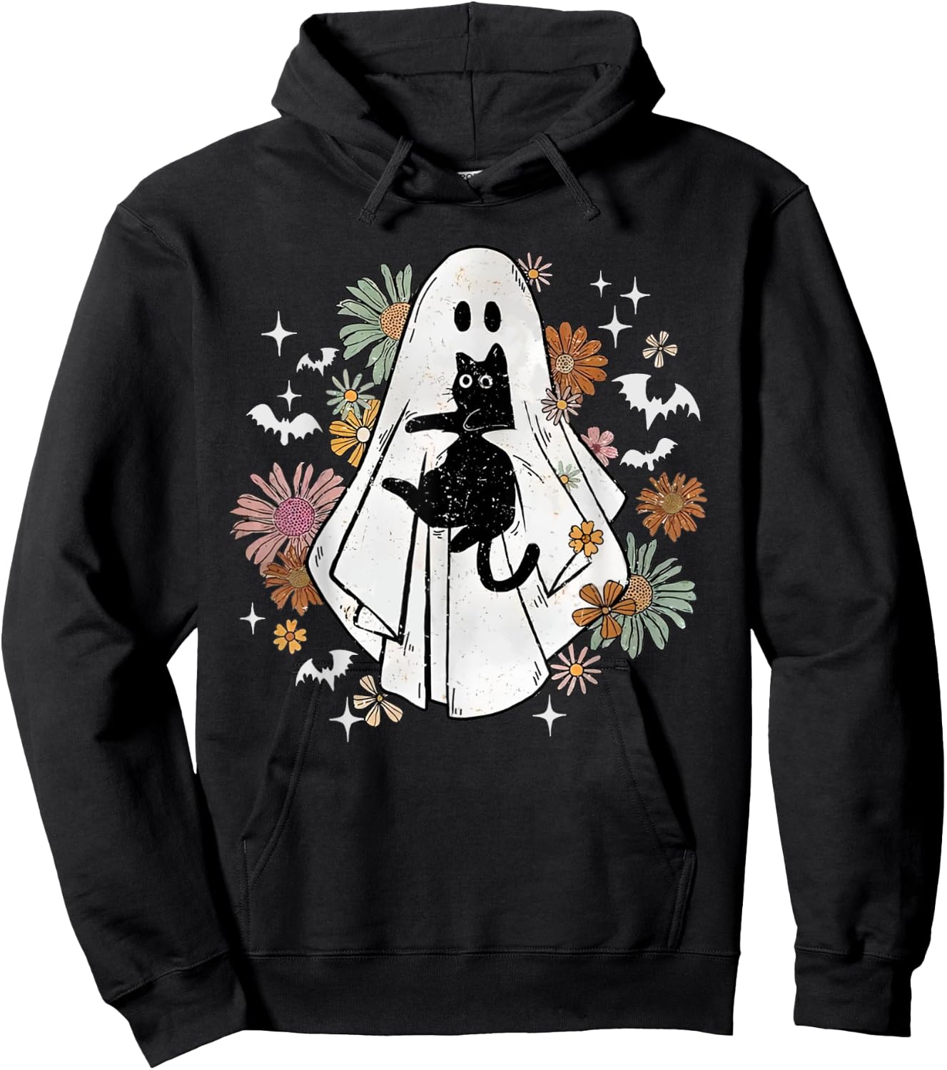 Spooky Ghost Holding Black Cat Groovy Floral Halloween Goth Hoodie - Hoodie | Black