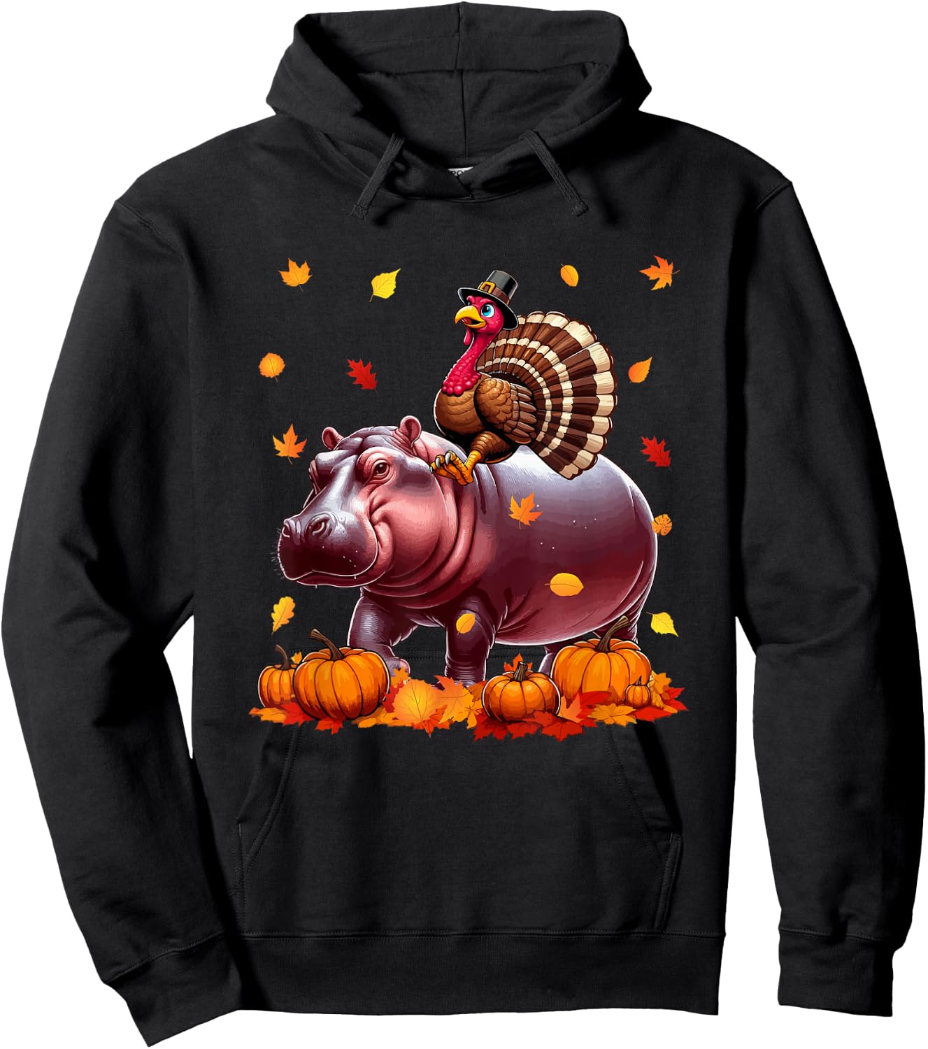 Turkey Riding Hippo Thanksgiving Fall Leaves Pumpkins Hoodie - Hoodie | Black