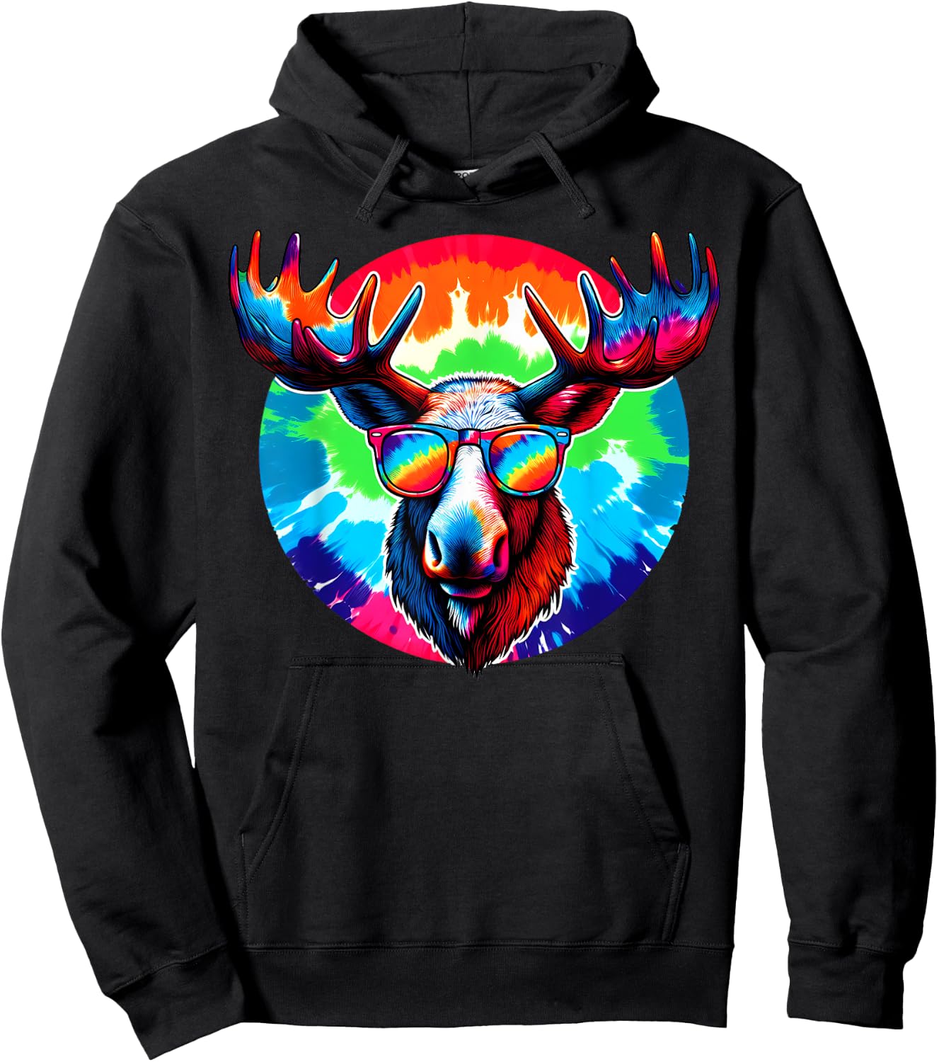 Cool Tie Dye Sunglasses Moose Illustration Art Hoodie - Hoodie | Black