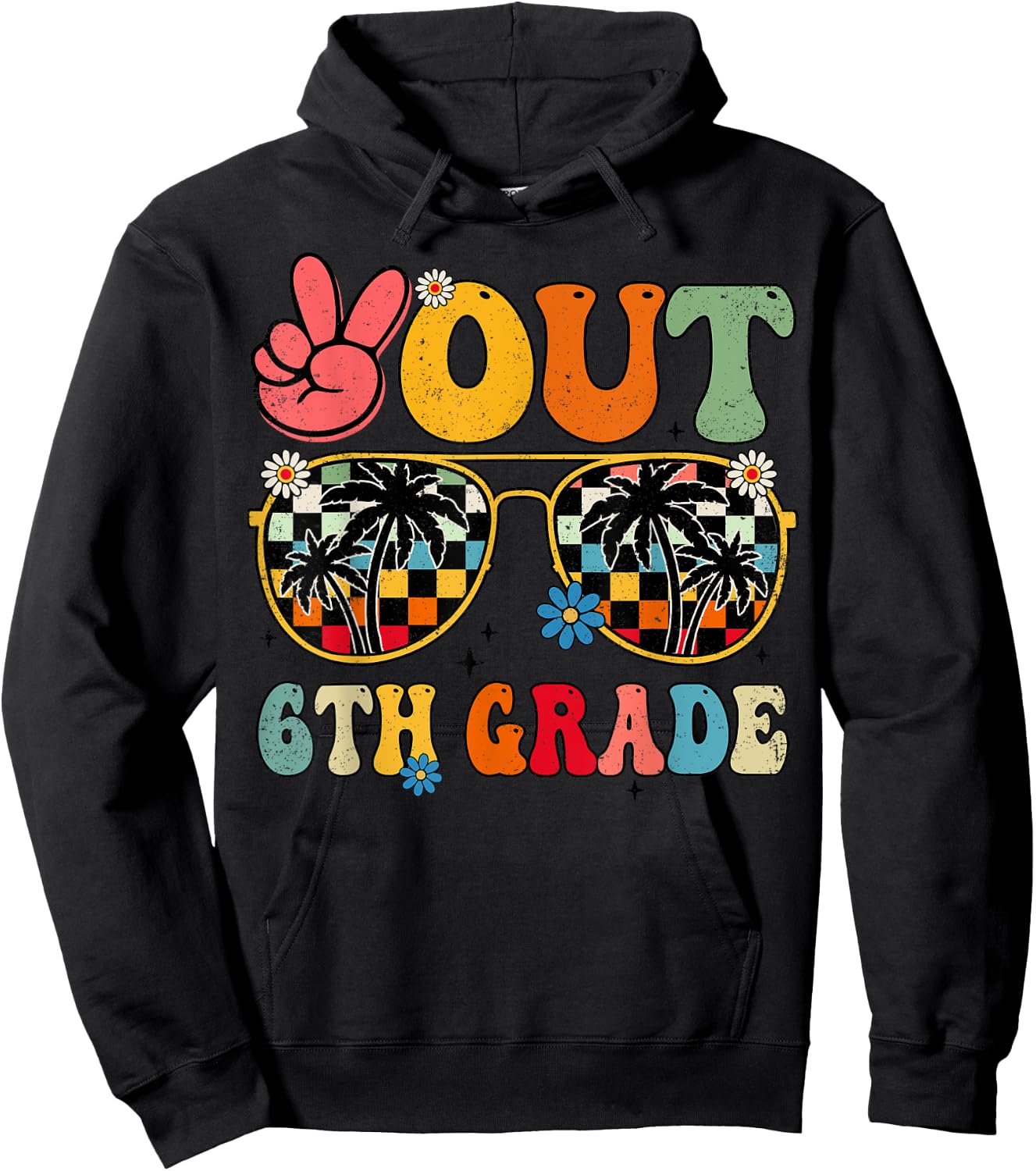 Peace Out 6th Grade Retro Groovy Summer Sunglasses Kids Hoodie - Hoodie | Black