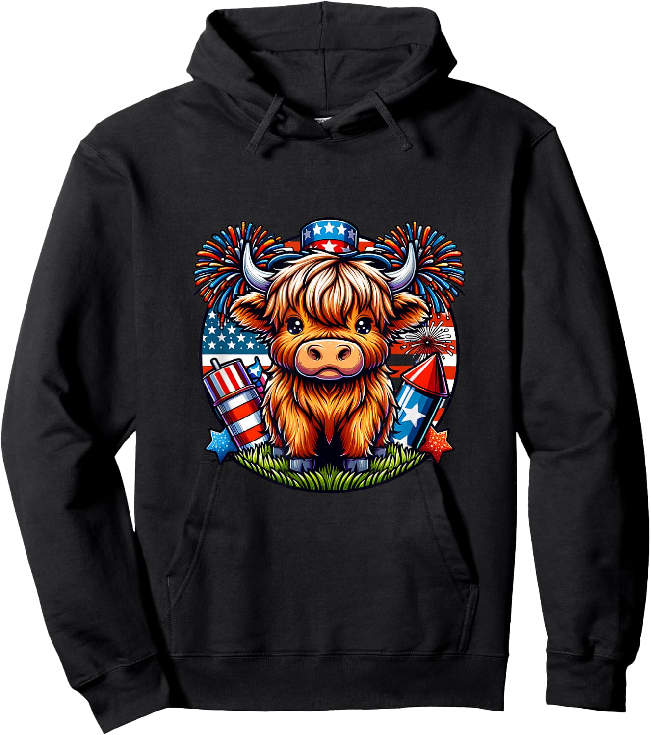 4th of July Highland Cow Patriotic Cute Cow Farmer Hoodie - Hoodie | Black