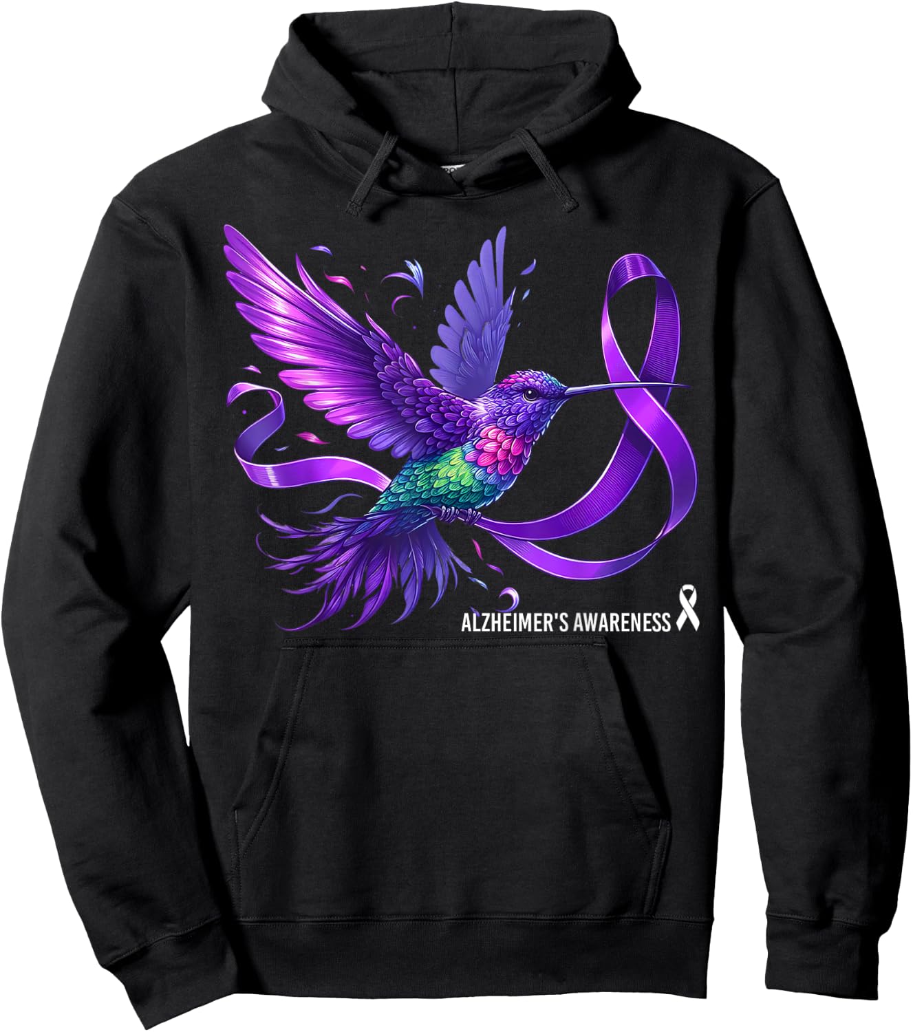 Hummingbird Holding Purple Ribbon Alzheimer's Awareness Hoodie - Hoodie | Black