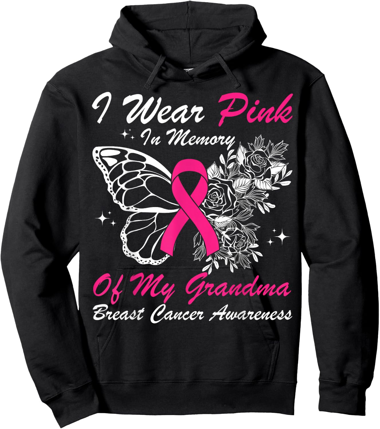 I Wear Pink In Memory Of My Grandma Butterfly Breast Cancer Hoodie - Hoodie | Black