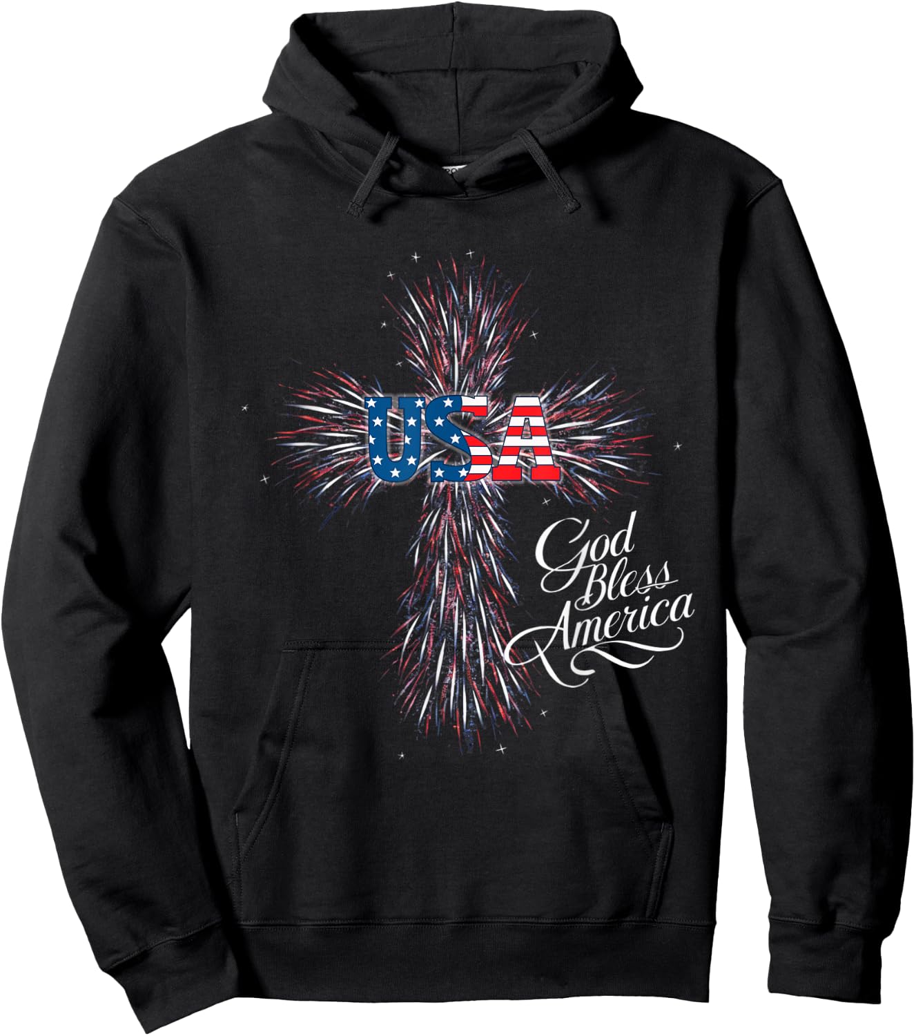 USA God Bless America Patriotic Fireworks Cross Women Men Hoodie - Hoodie | Black