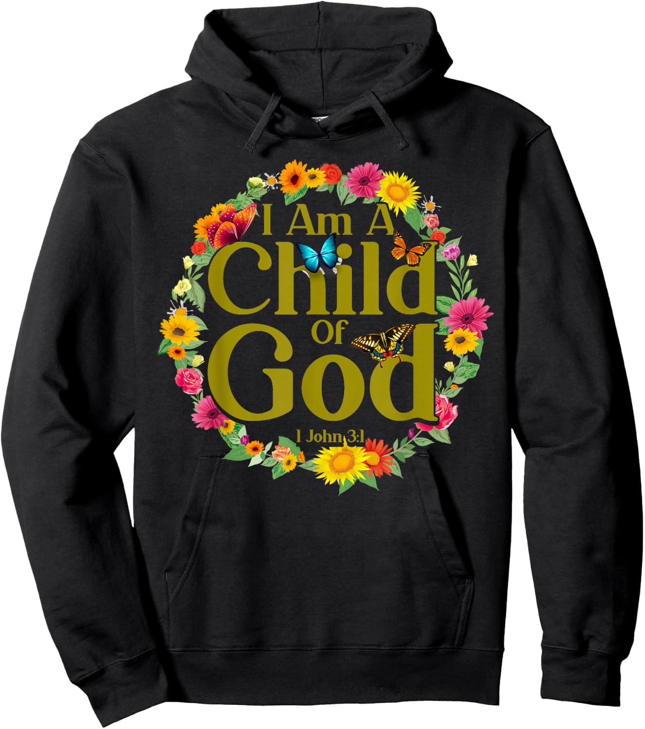 Christian Bible Verse 1 John 3:1 Flower Butterfly Hoodie - Hoodie | Black