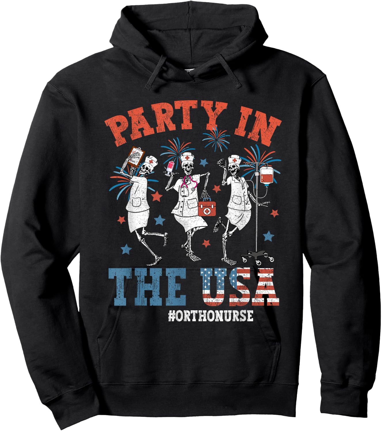 Vintage Skeleton Ortho nurse Funny 4th Of July Gifts Women Men Hoodie - Hoodie | Black