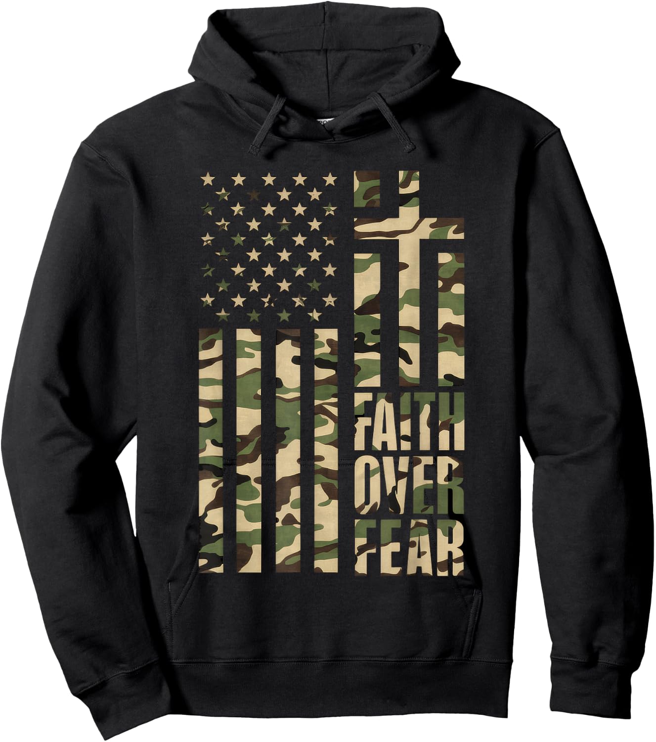 Christian USA Flag Cross Back Print Faith Over Fear Top Hoodie - Hoodie | Black