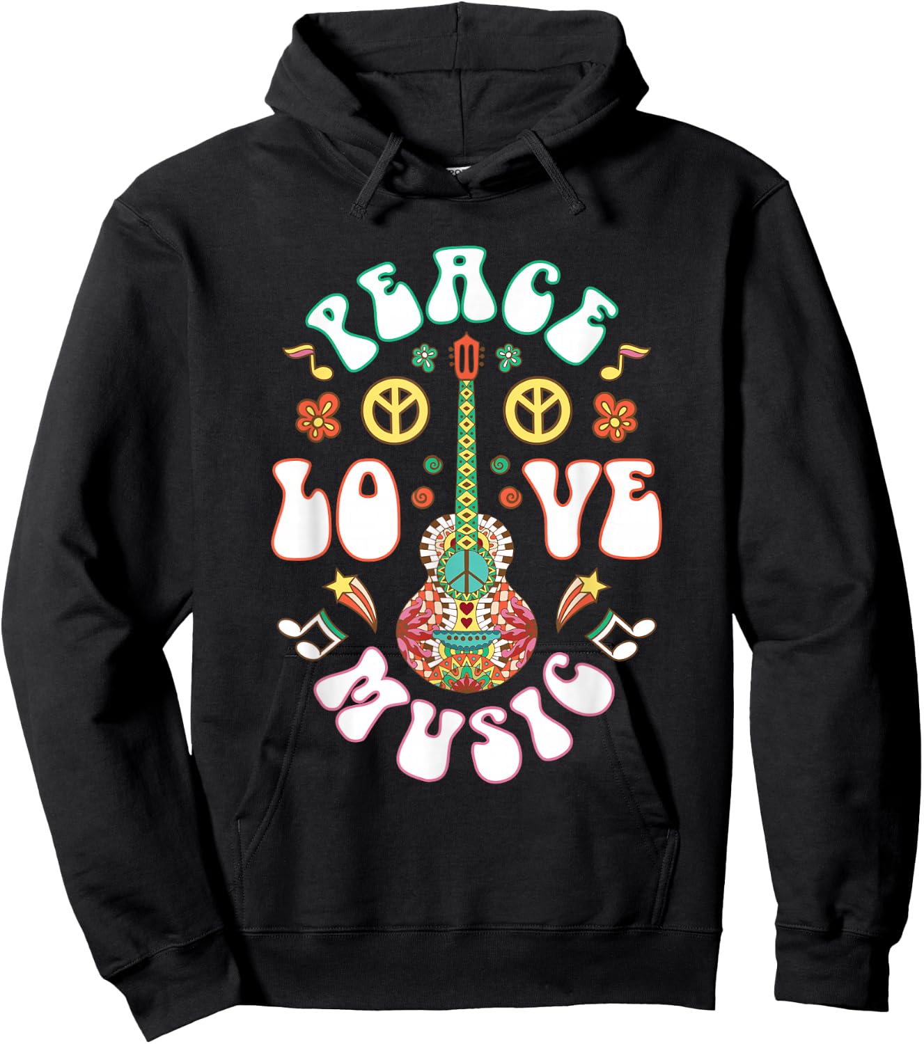 Hippie Hippies Peace Love Music Guitar Retro Hippy Gift Hoodie - Hoodie | Black