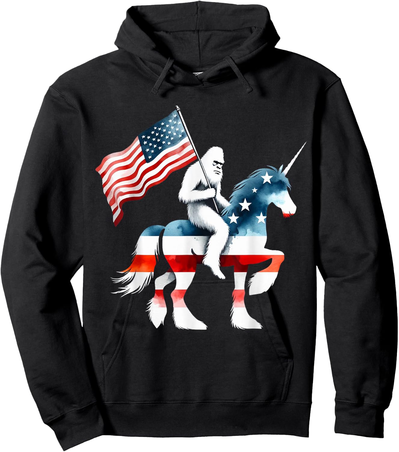 Patriotic Bigfoot Riding Unicorn American Flag 4th Of July Women Kids Men Hoodie - Hoodie | Black