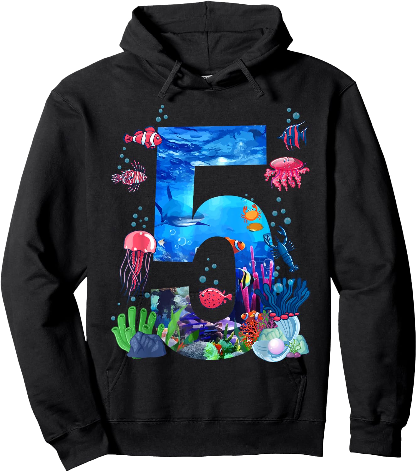 5th Birthday Party Ocean 5 Year Old Sea Fish Aquarium Boy Hoodie - Hoodie | Black