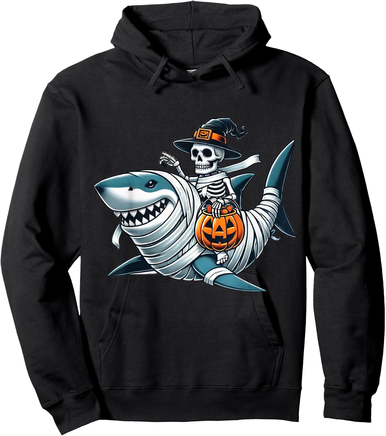 Skeleton Riding Shark Funny Halloween Pumpkin Boys Kids Hoodie - Hoodie | Black