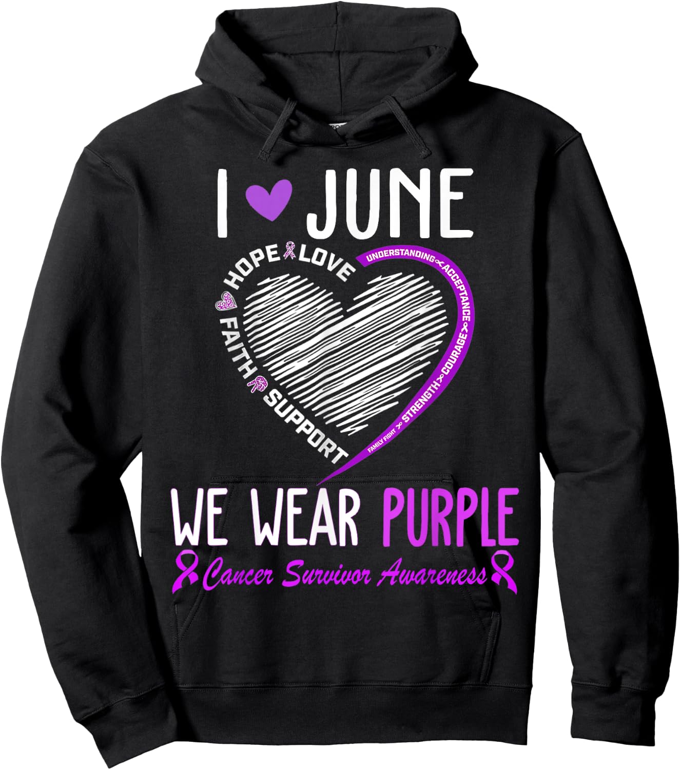 In June We Wear Purple Cancer Survivor Awareness Heart Hoodie - Hoodie | Black