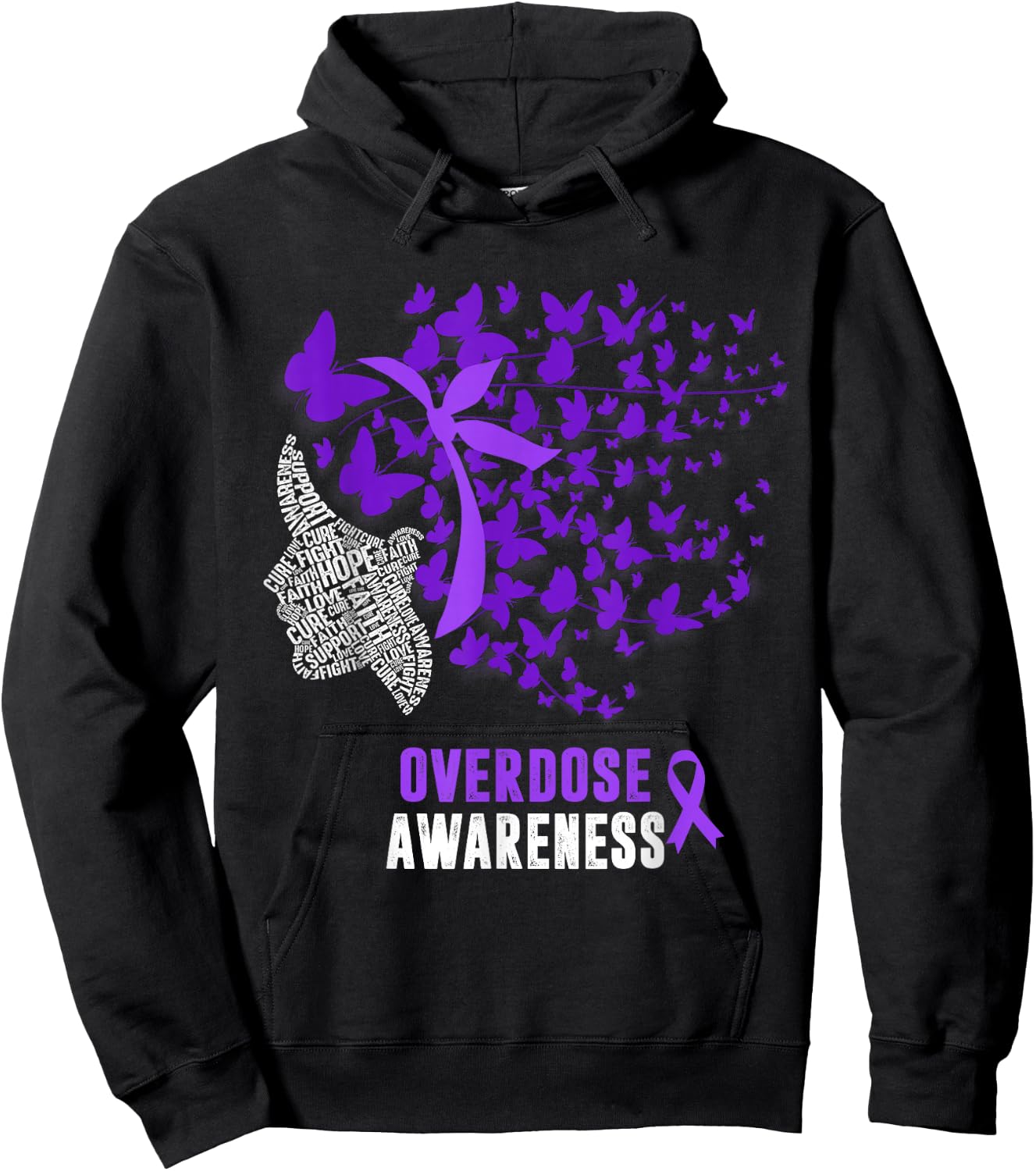 Overdose Awareness Month Butterfly Purple Ribbon Hoodie - Hoodie | Black