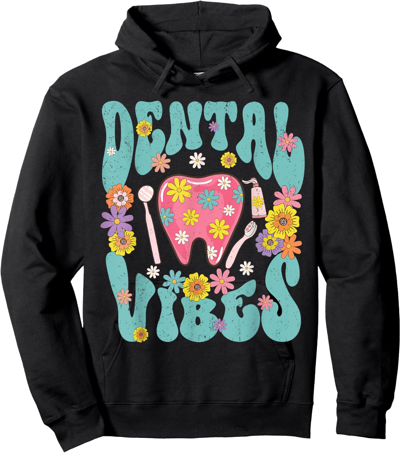 Retro Groovy Dental Vibe Hygienist Dentist Assistant Hygiene Hoodie - Hoodie | Black