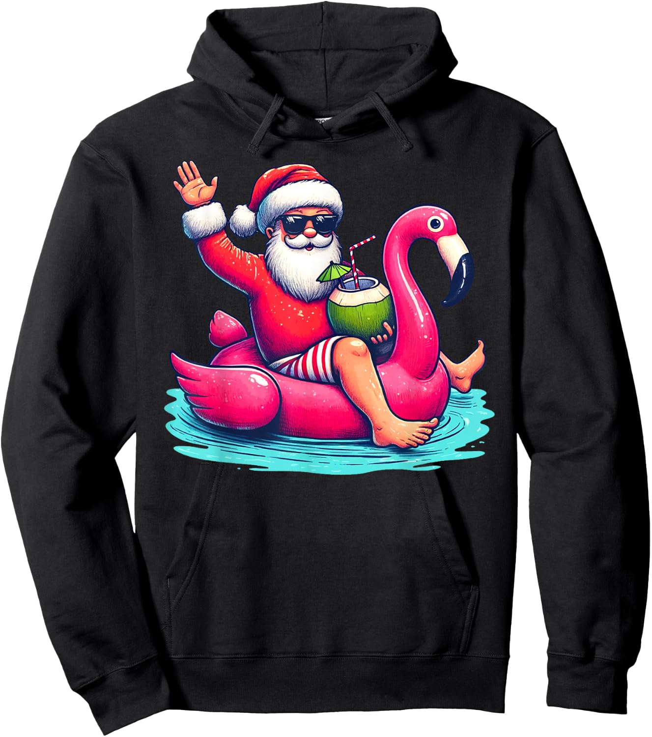 Funny Christmas in July Summer Flamingo Float Xmas Women Kids Hoodie - Hoodie | Black