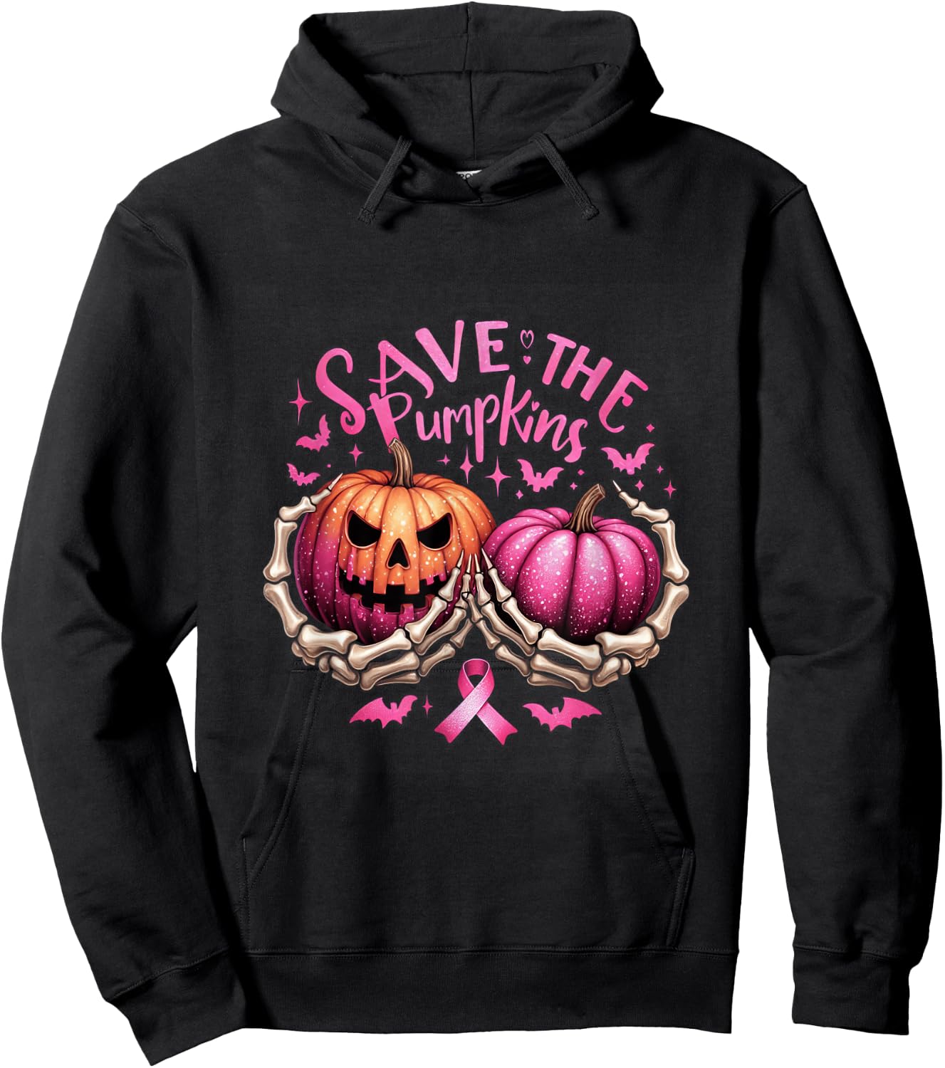 Save The Pumpkins Skeleton Halloween Breast Cancer Awareness Hoodie - Hoodie | Black
