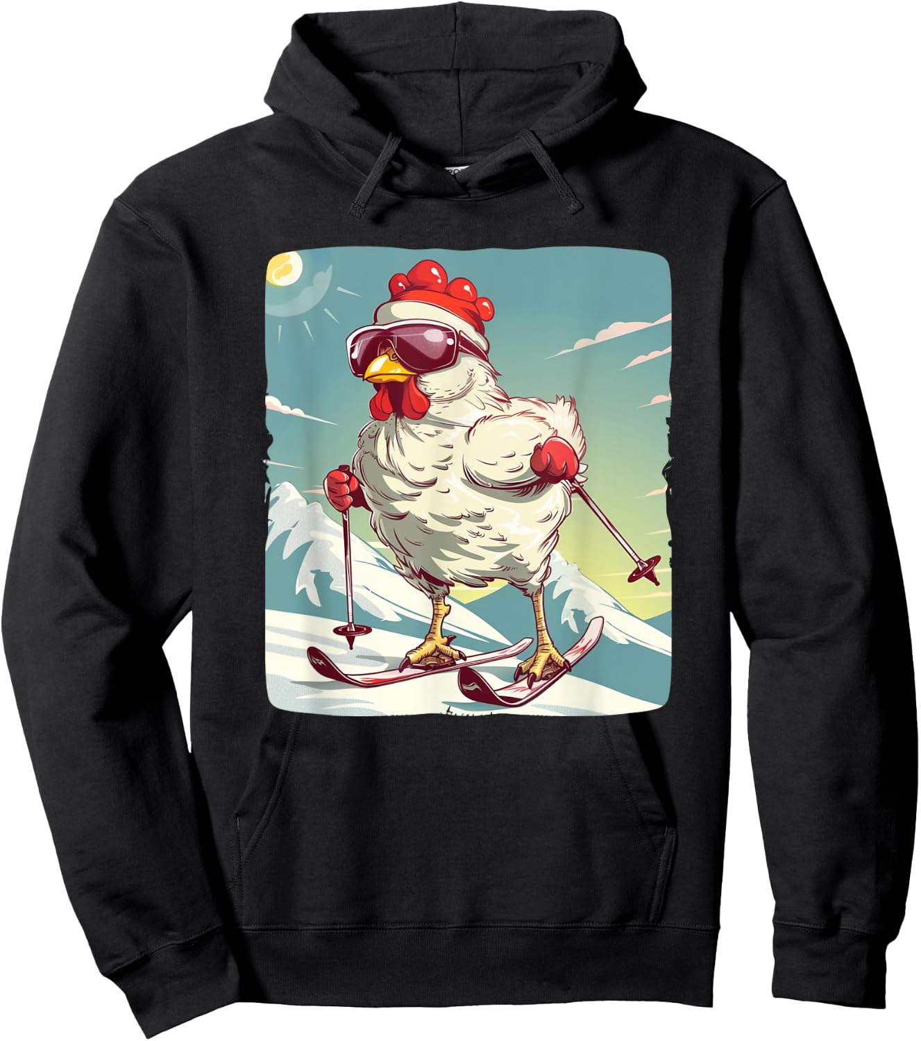 Funny Winter Chicken with Cross-country skiing Shoes Outfit Hoodie - Hoodie | Black