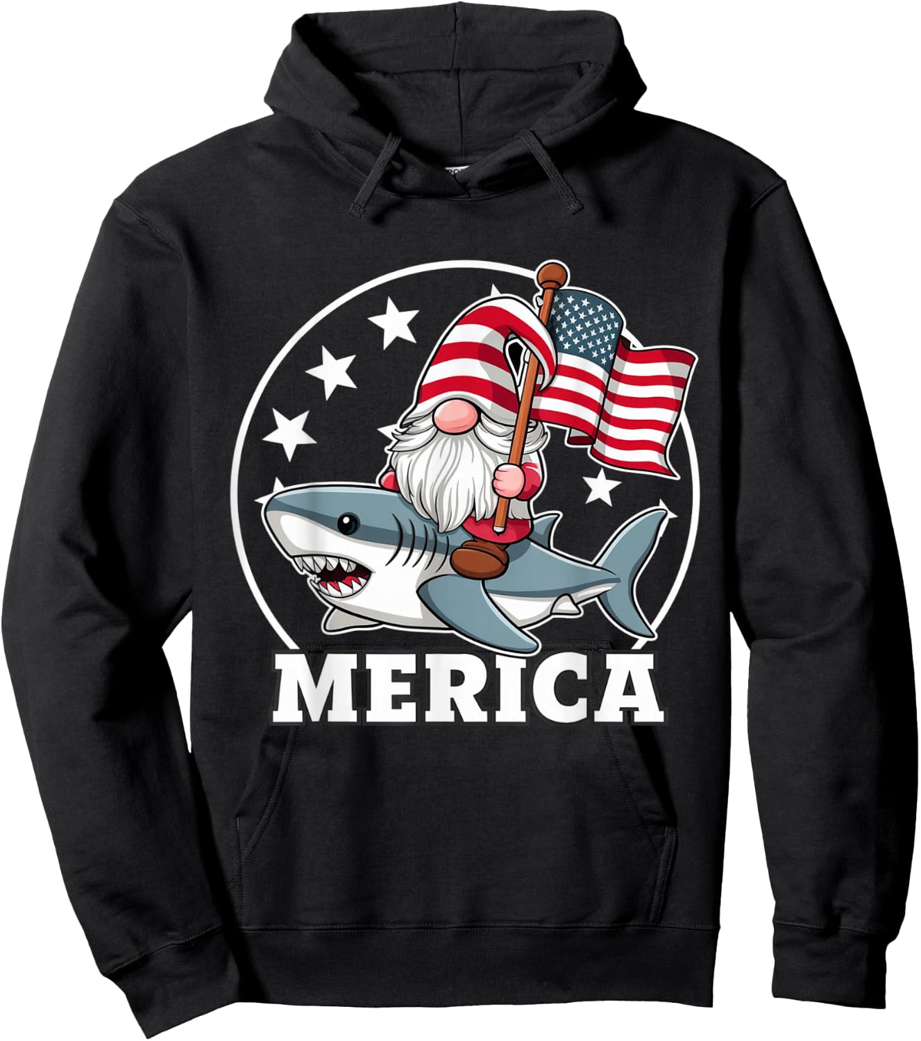 Funny Gnome Riding Shark American Flag USA 4th of July Hoodie - Hoodie | Black
