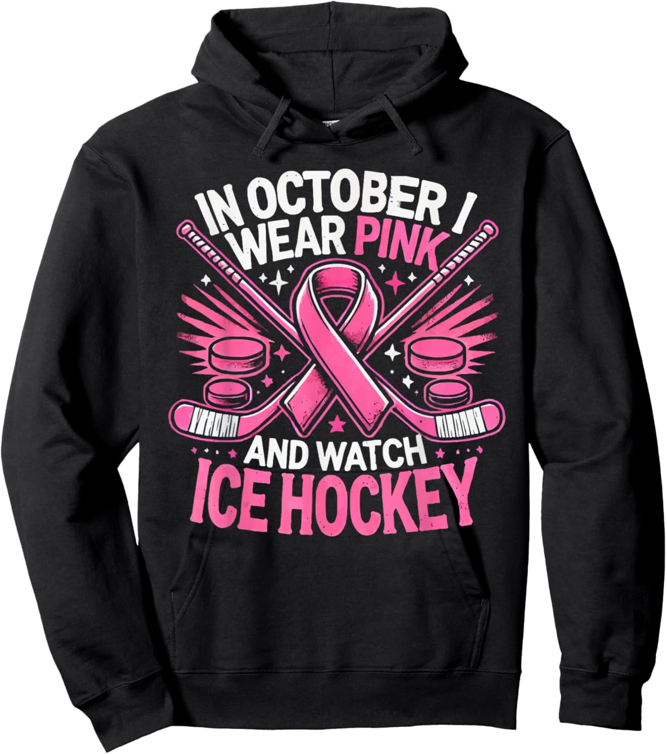 Ice Hockey Breast Cancer Awareness Month Pink Ribbon Hoodie - Hoodie | Black