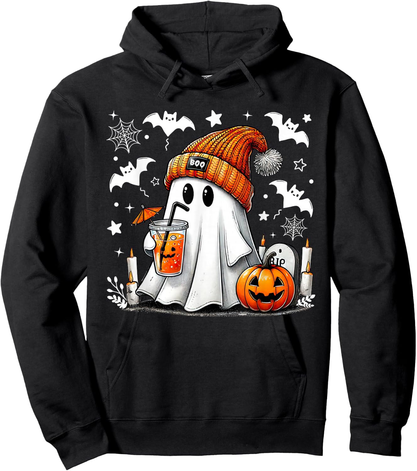 Cute Ghost Drinking Coffee Halloween Ghost Coffee Hoodie - Hoodie | Black