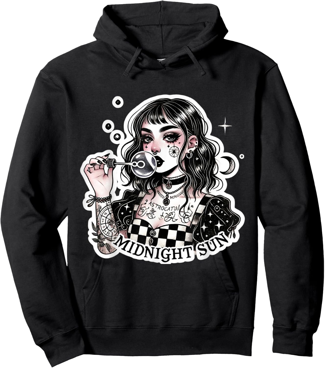 Cute Tattooed Goth Girl with Soap Bubbles Grunge Punk Egirl Hoodie - Hoodie | Black