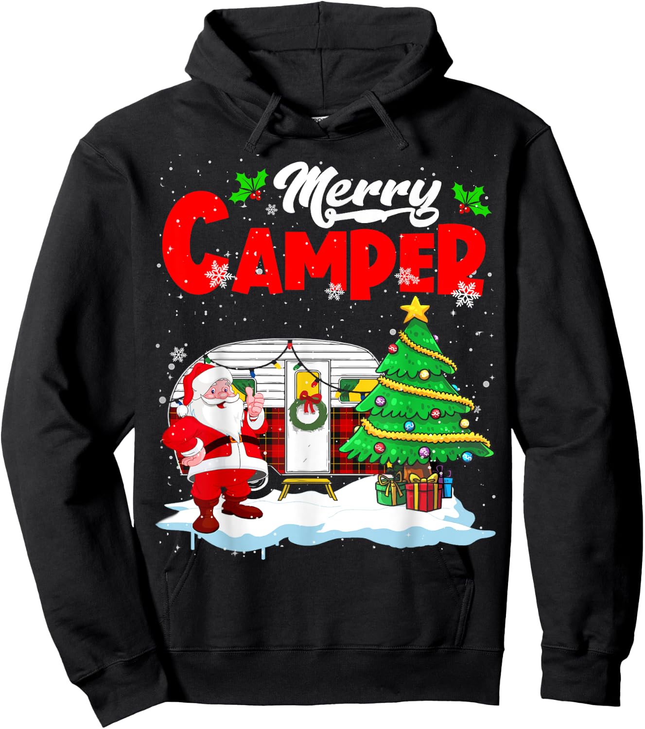 Merry Camper Christmas Santa Camper Camping Truck Red Plaid Hoodie - Hoodie | Black