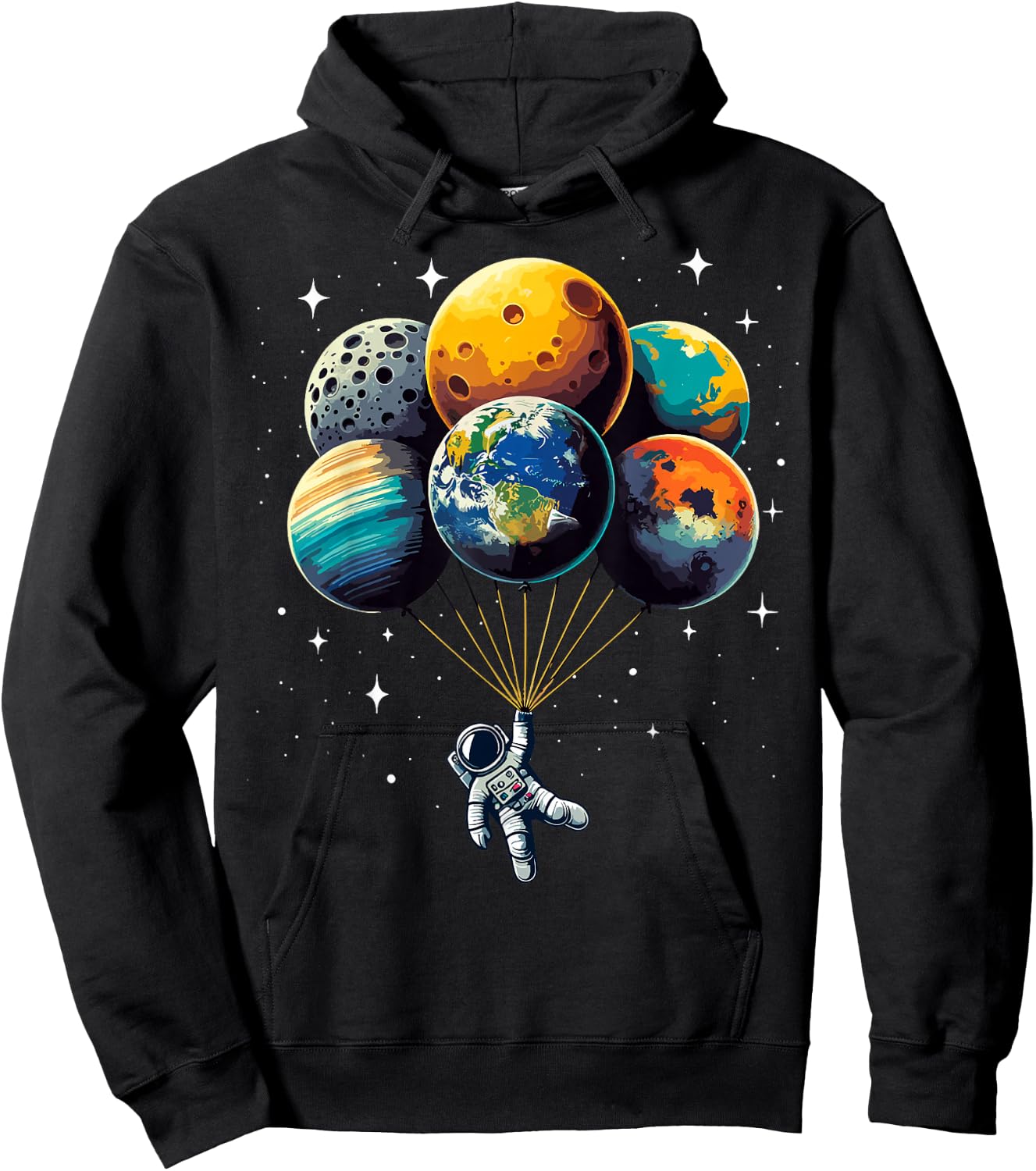 Astronaut Holding Planet Balloons Kids Solar System Space Hoodie - Hoodie | Black