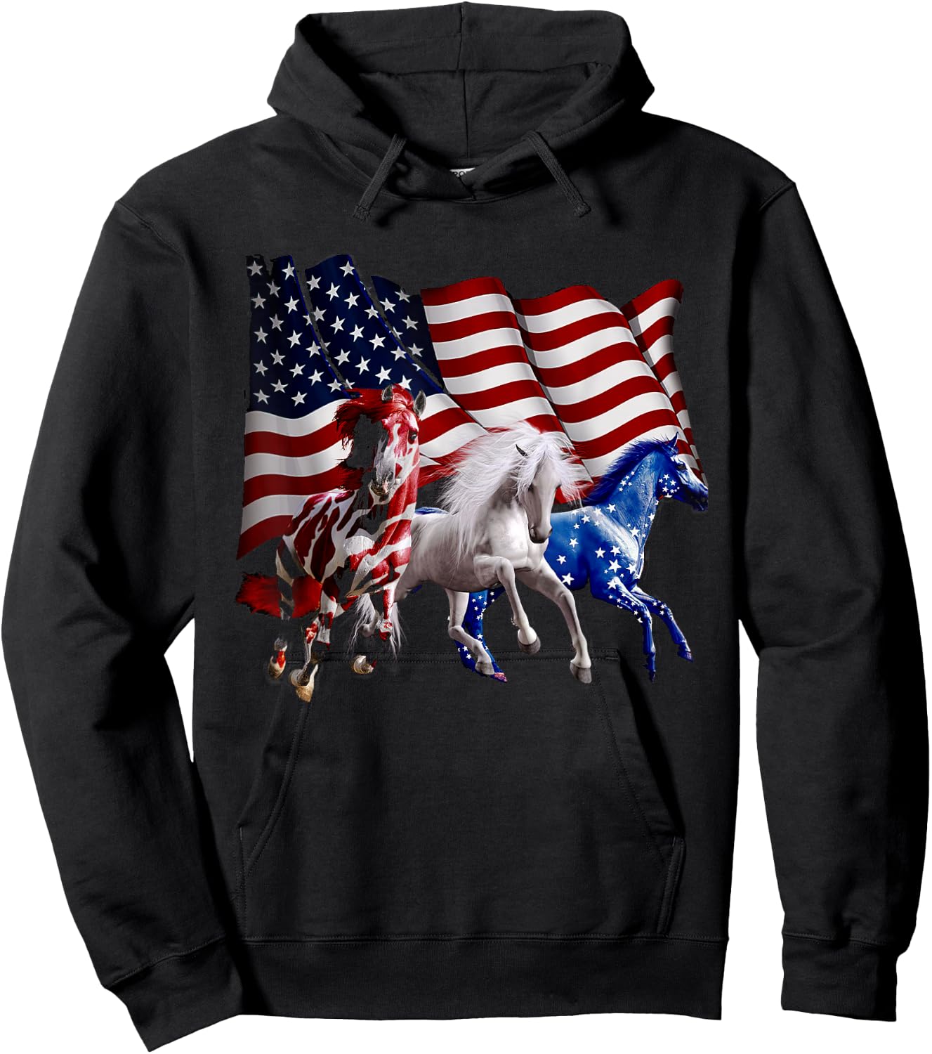 Happy 4th Of July American Flag Red White Horse And Blue Hoodie - Hoodie | Black