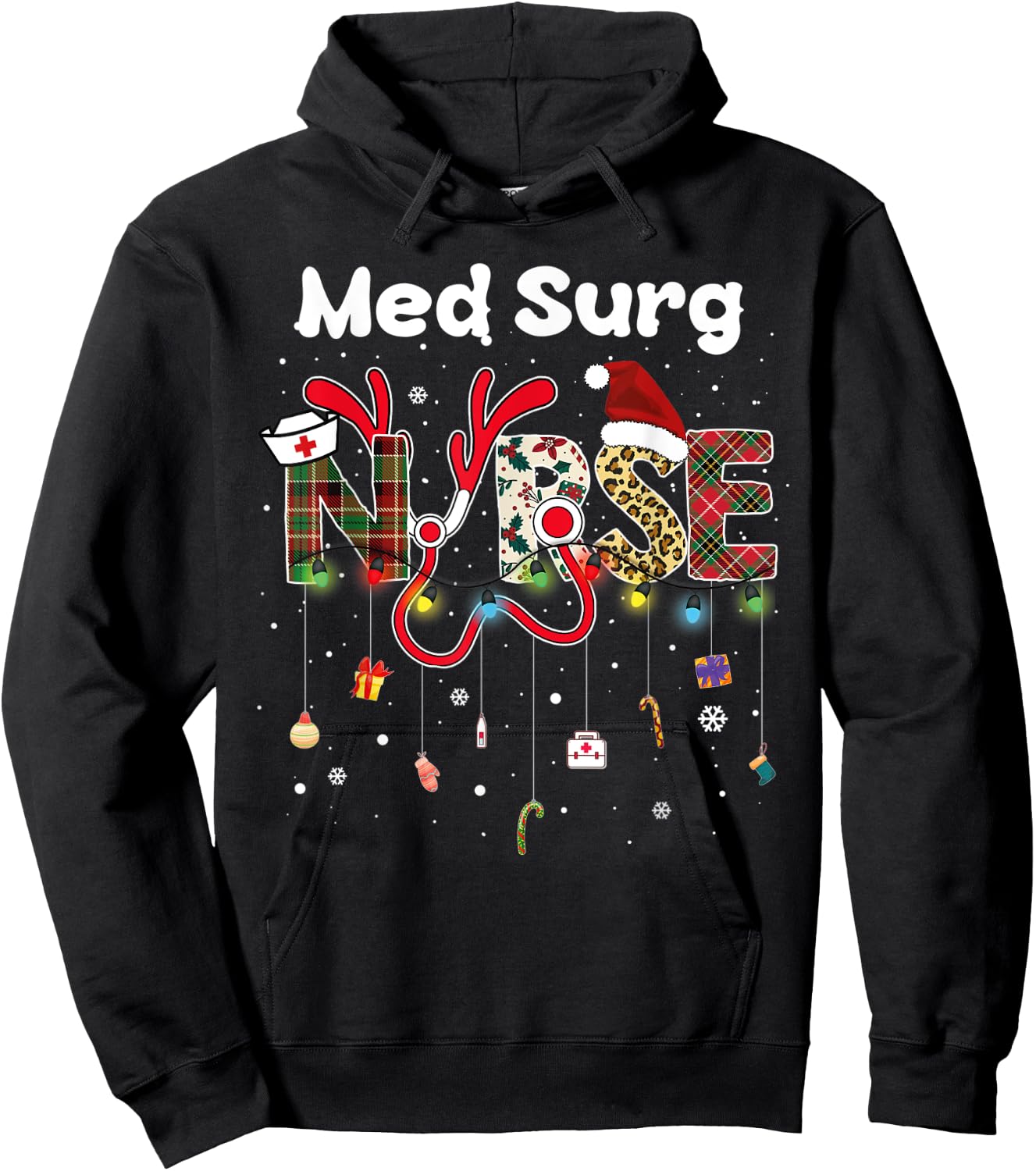 Med Surg Nurse christmas santa hat nursing X-Mas Pajama Hoodie - Hoodie | Black