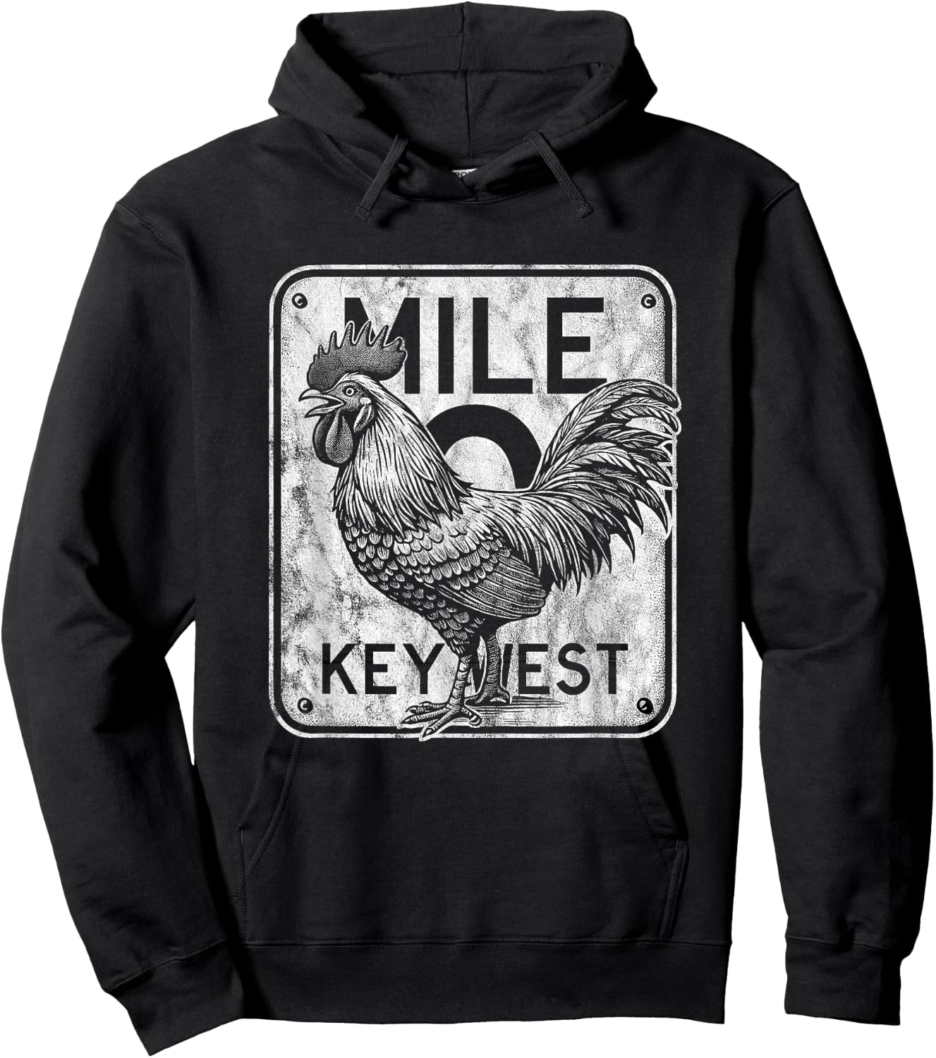 Key West Florida Chicken Retro Mile 0 Rooster Distressed Hoodie - Hoodie | Black