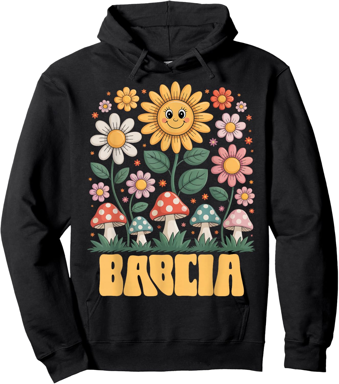 Babcia Mother’s Day Floral Sunflower Mushroom Style Hoodie - Hoodie | Black