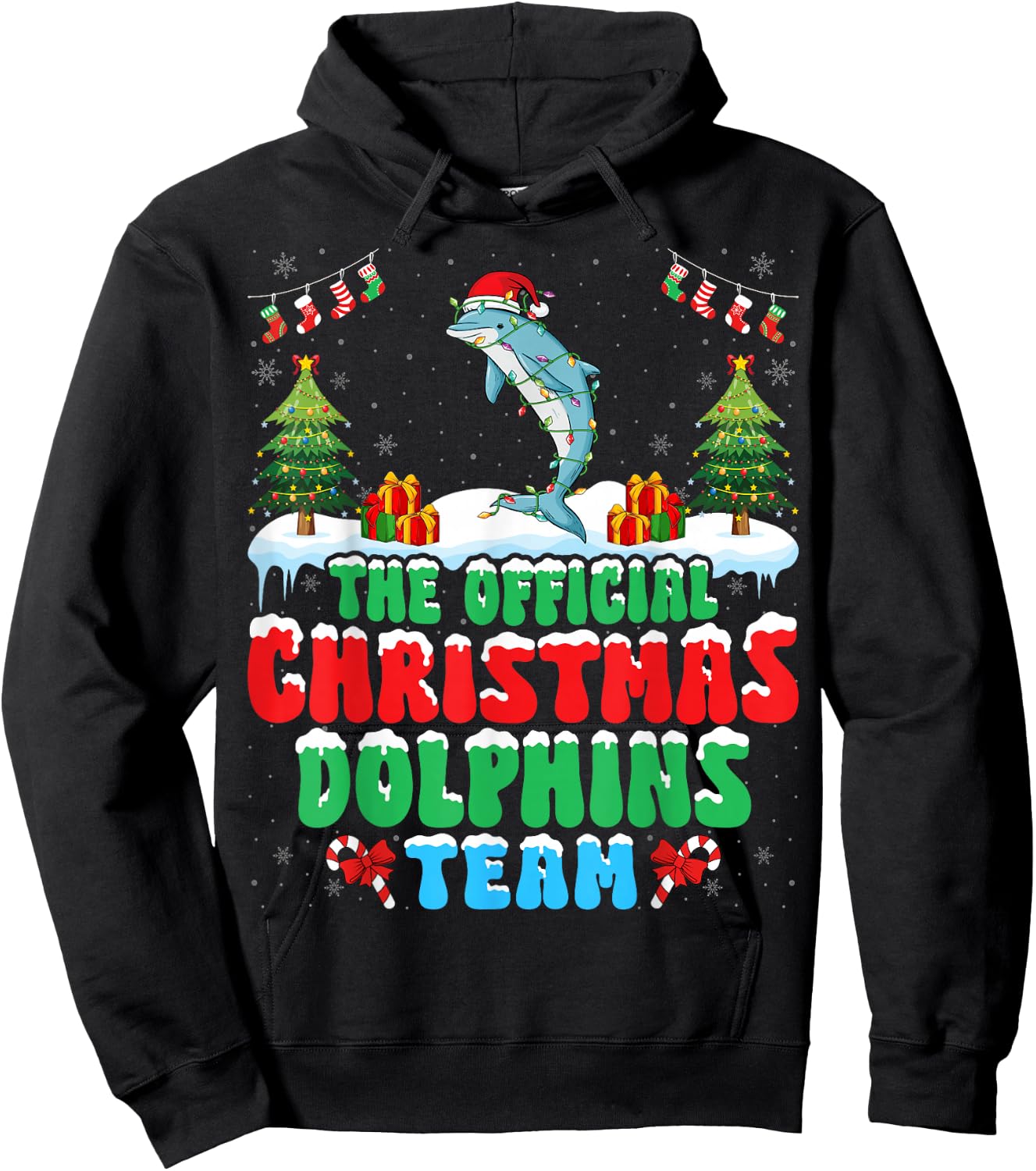 Christmas Dolphins Team - Dolphins Wearing Santa Hat Xmas Hoodie - Hoodie | Black