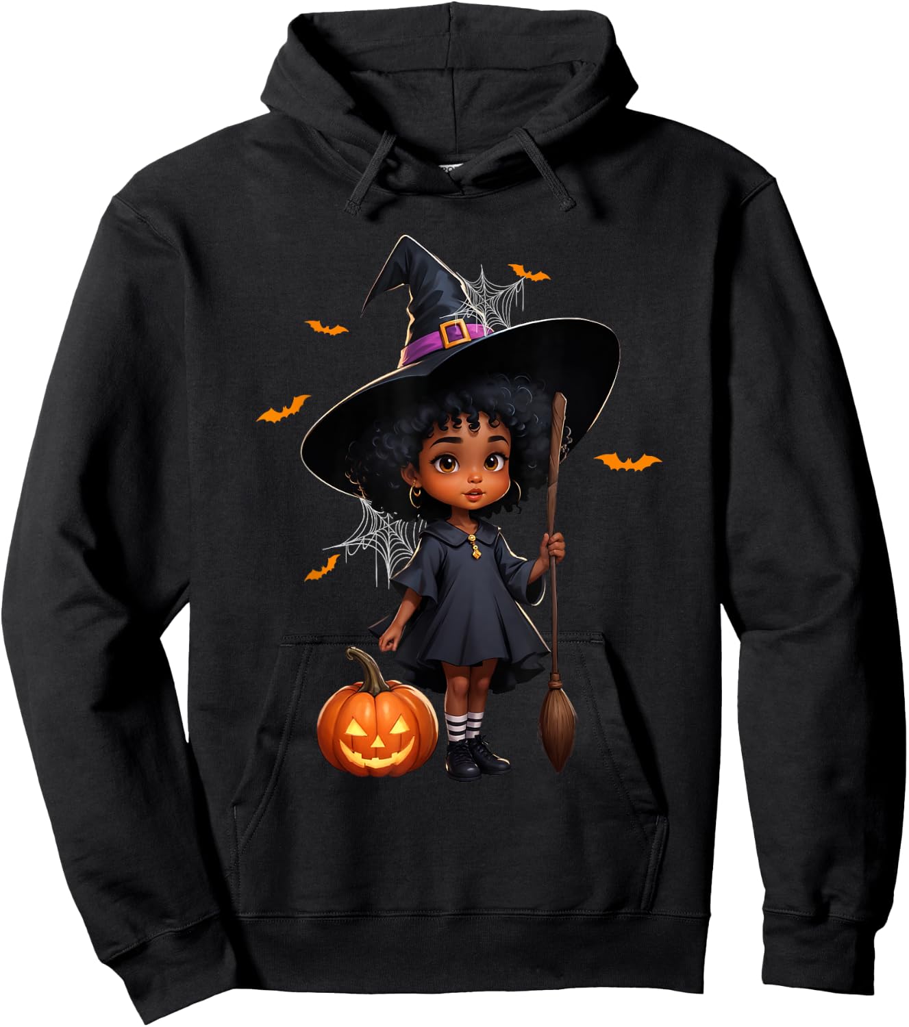 African American Black Girl Cute Witch Halloween Pumpkin Hoodie - Hoodie | Black