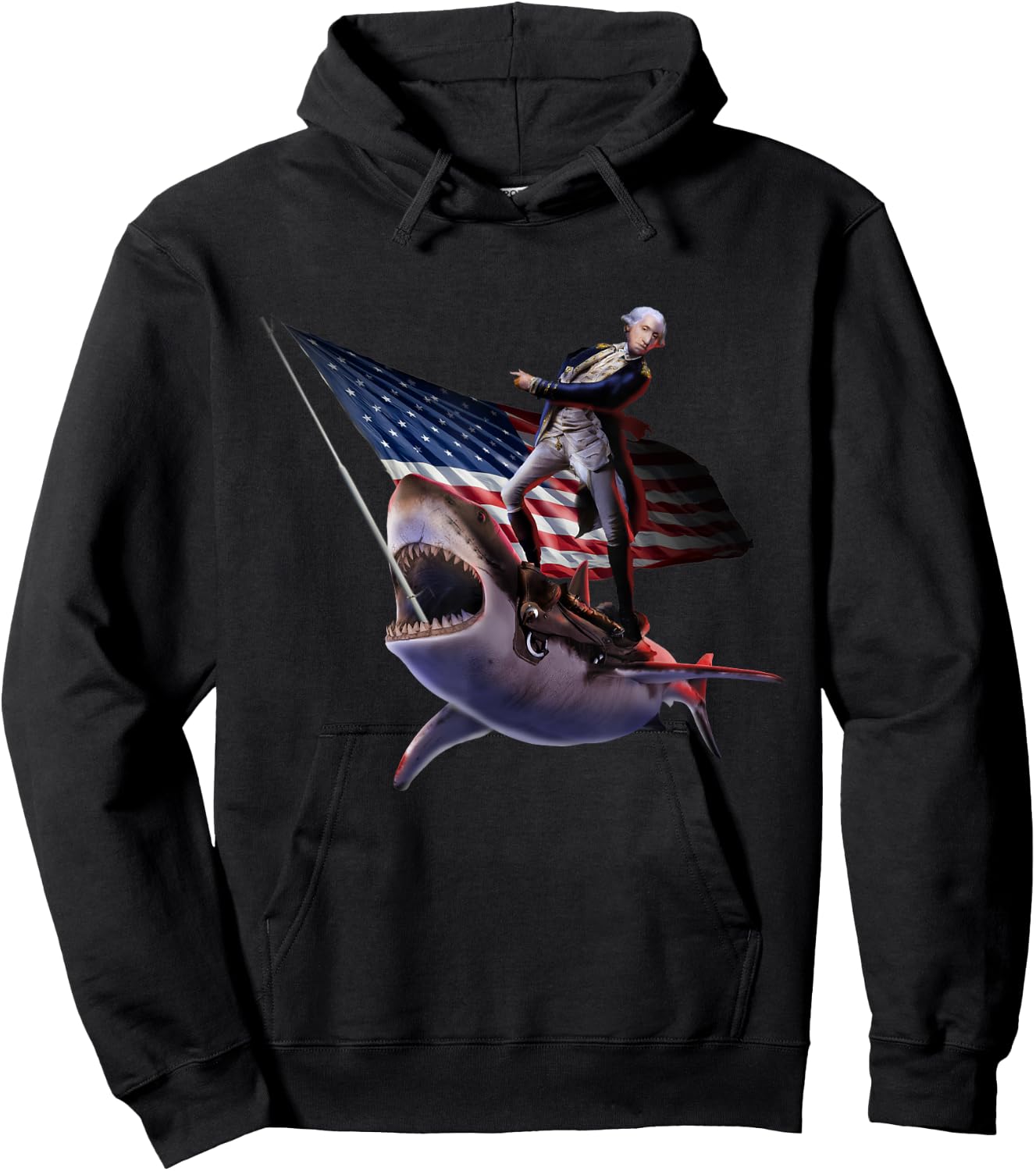 George Washington Riding Shark, 4th July, Patriotic Funny Hoodie - Hoodie | Black