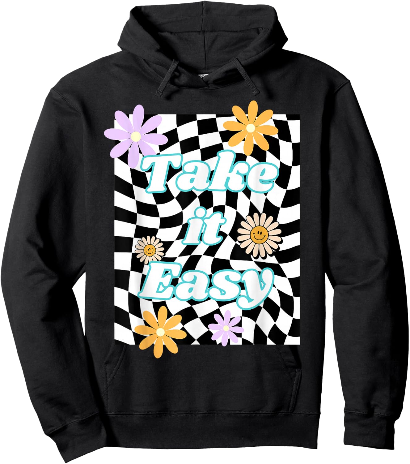 Take It Easy Checkered Groovy Smile Daisy Retro Flower Hoodie - Hoodie | Black