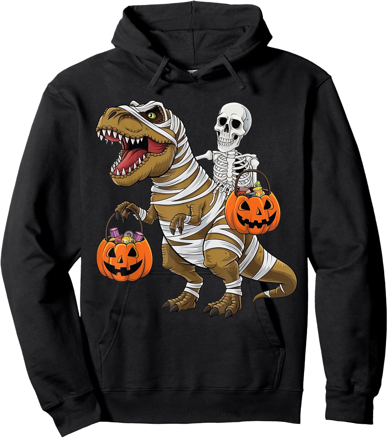 Skeleton Riding Mummy Dinosaur T rex Halloween Funny Pumpkin Hoodie - Hoodie | Black
