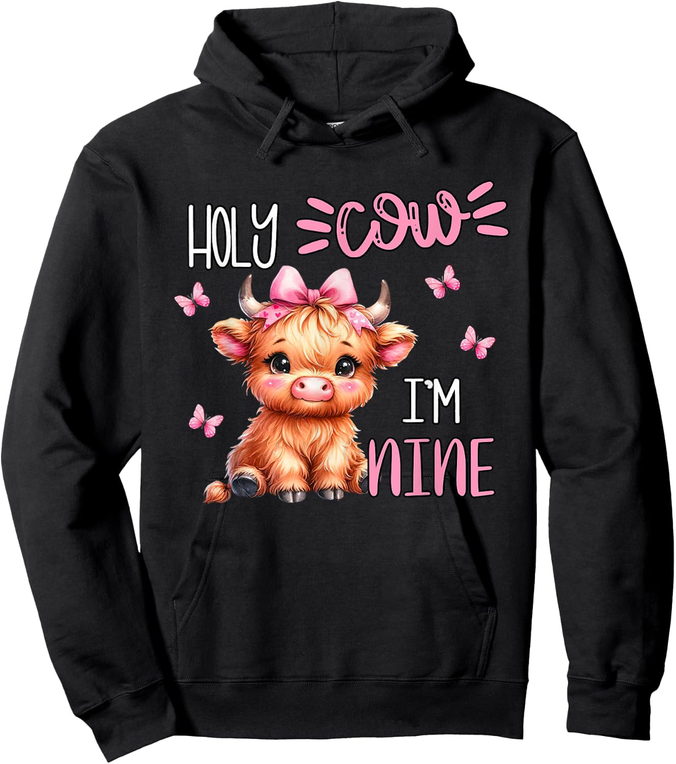Holy Cow I'm Nine 9 Highland Cow Print 9th Birthday Girl Hoodie - Hoodie | Black