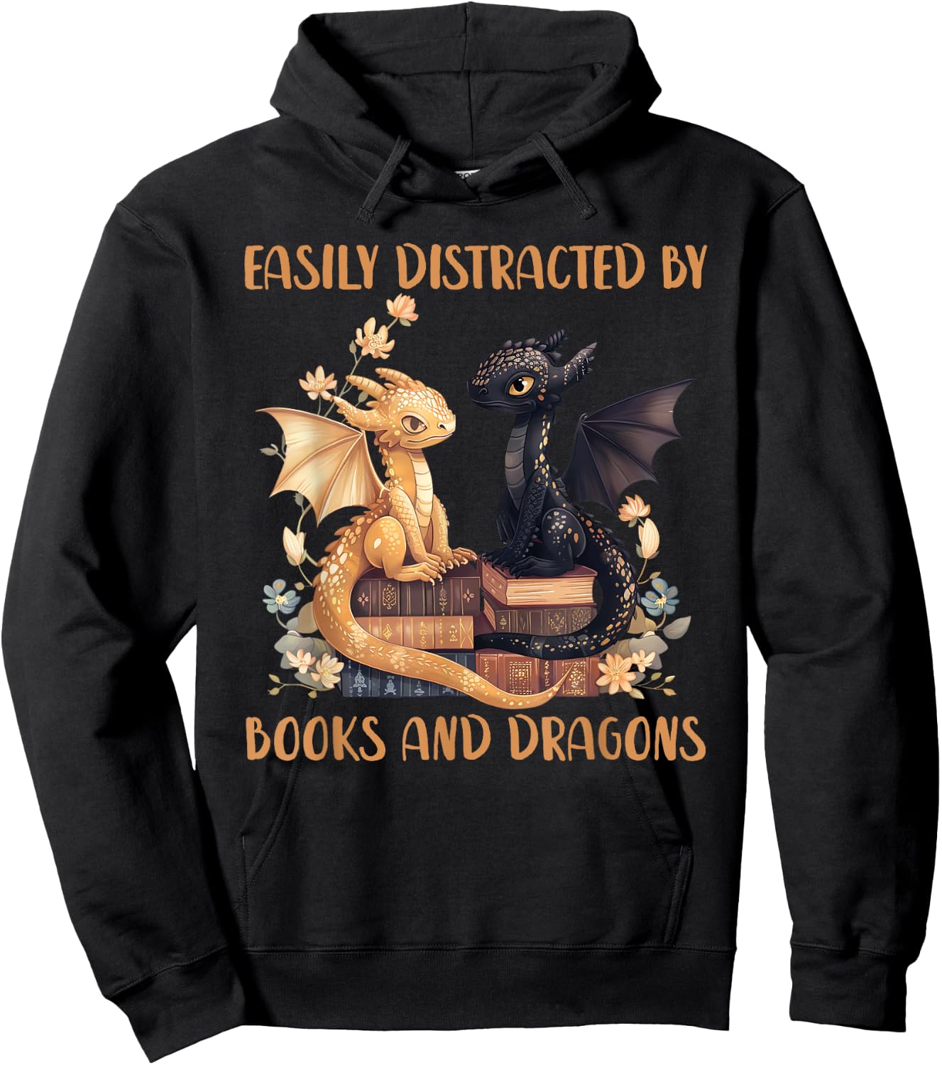 Easily Distracted By Books & Dragons Librarian Book Lover , Small, Black Hoodie - Hoodie | Black