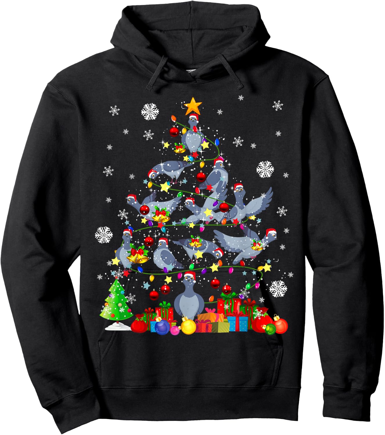 Christmas Tree Light Santa Pigeon Bird Lover Hoodie - Hoodie | Black