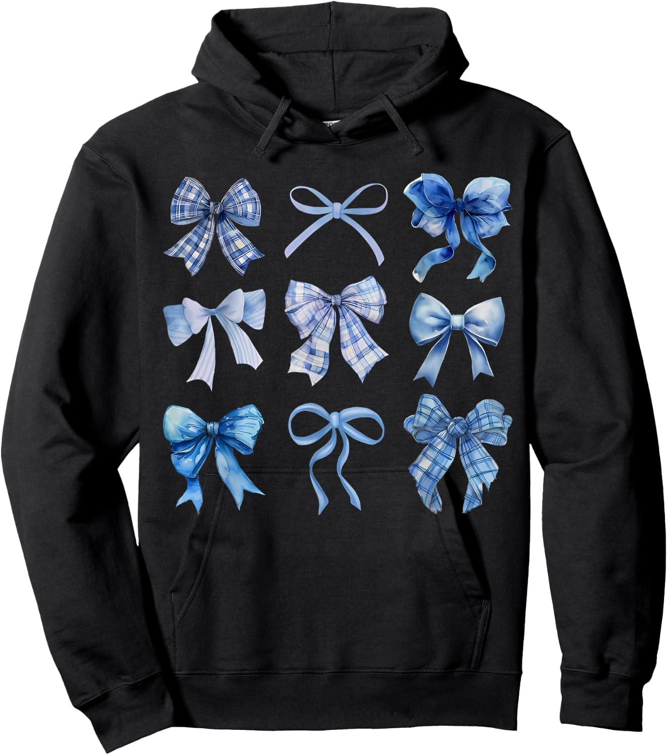 Blue Bow and Ribbon Cute Graphic Hoodie - Hoodie | Black
