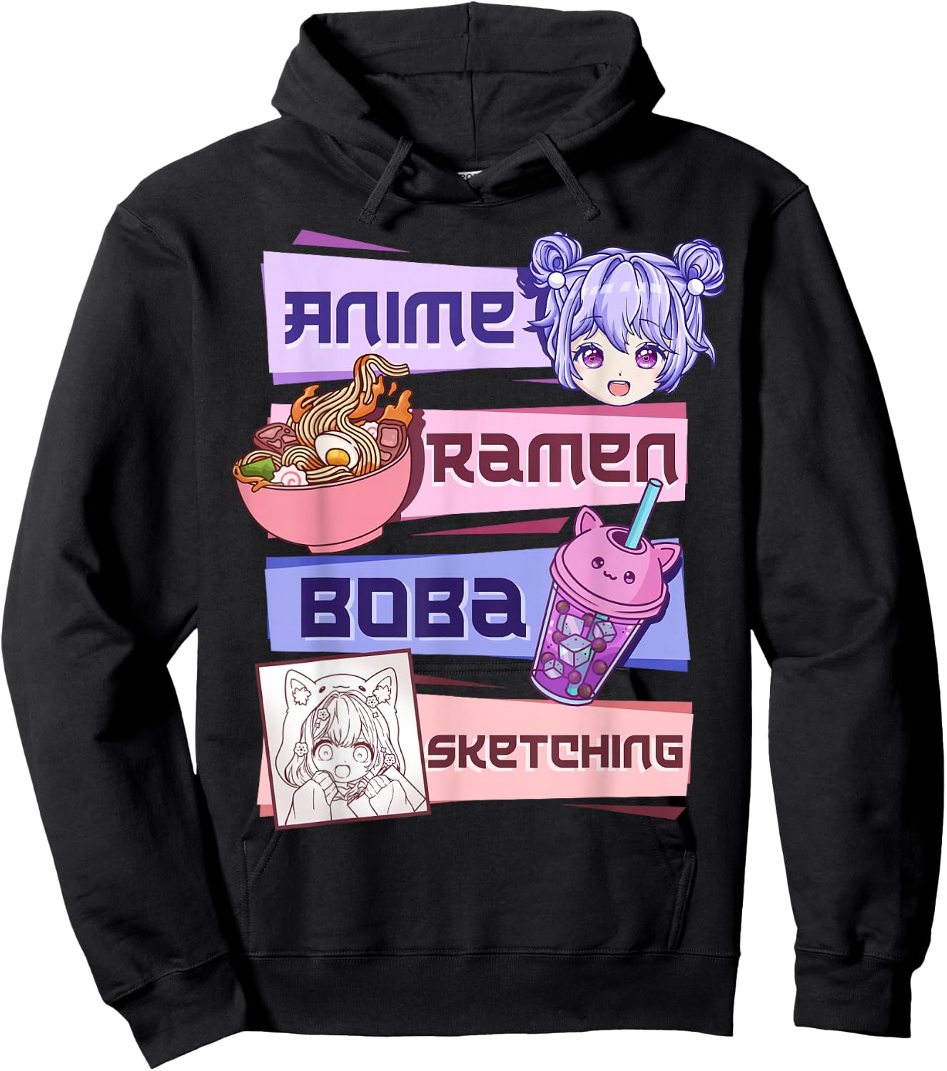 Anime Girl Ramen Boba Tea Bubble Tea Sketching Hoodie - Hoodie | Black