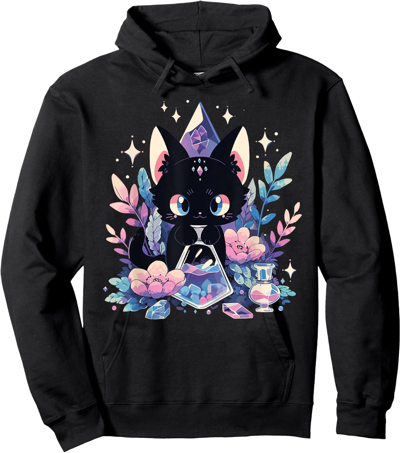 Cute Kawaii Witch Black Cat Crystal Alchemist Pastel Goth Hoodie - Hoodie | Black