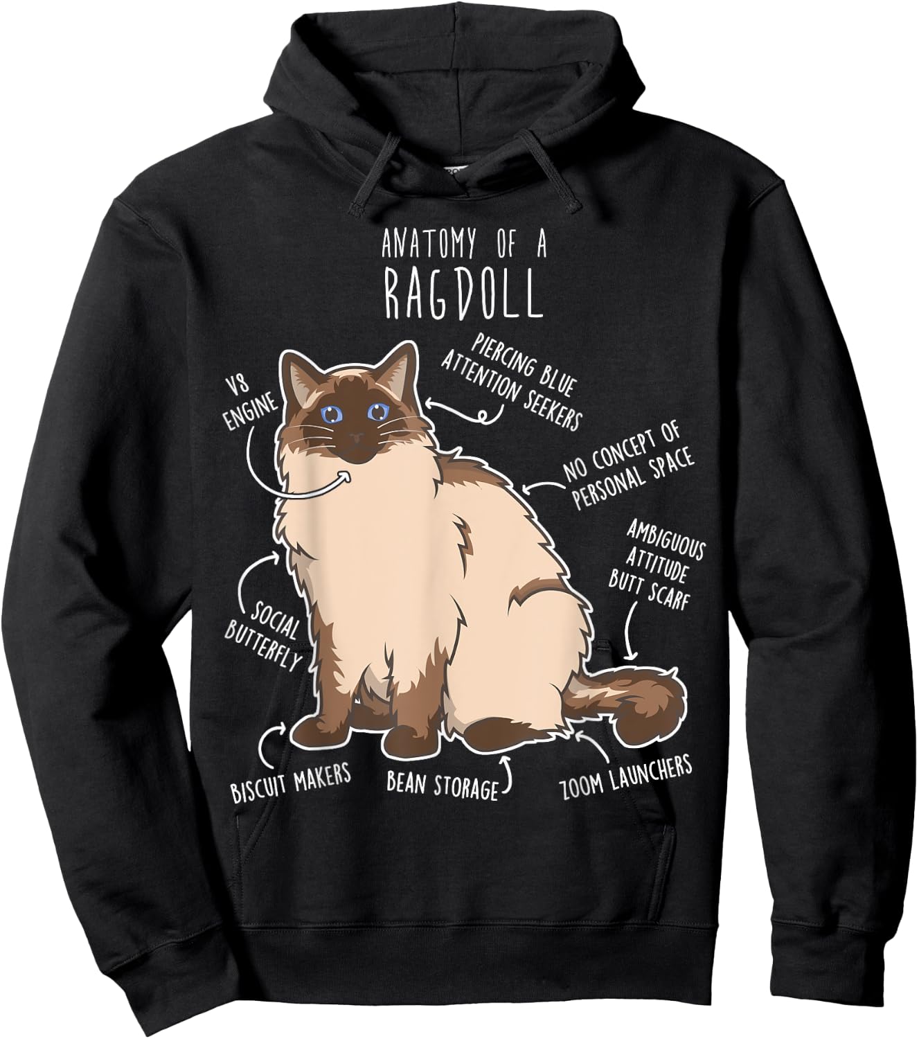 Ragdoll Cat Anatomy, Funny Cute Pet Mom Dad, Seal Point Hoodie - Hoodie | Black
