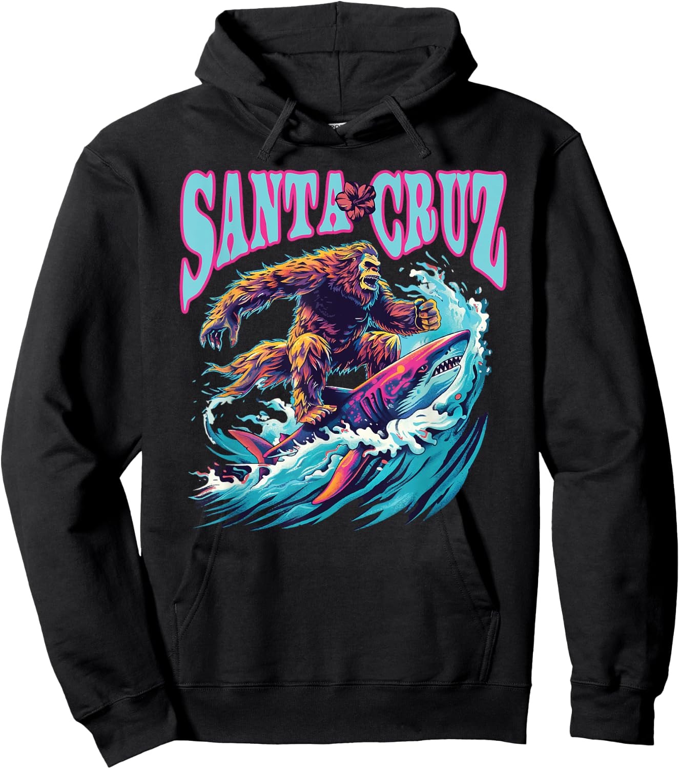 Santa Cruz California Summer Surfing Bigfoot Shark Women Kids Hoodie - Hoodie | Black