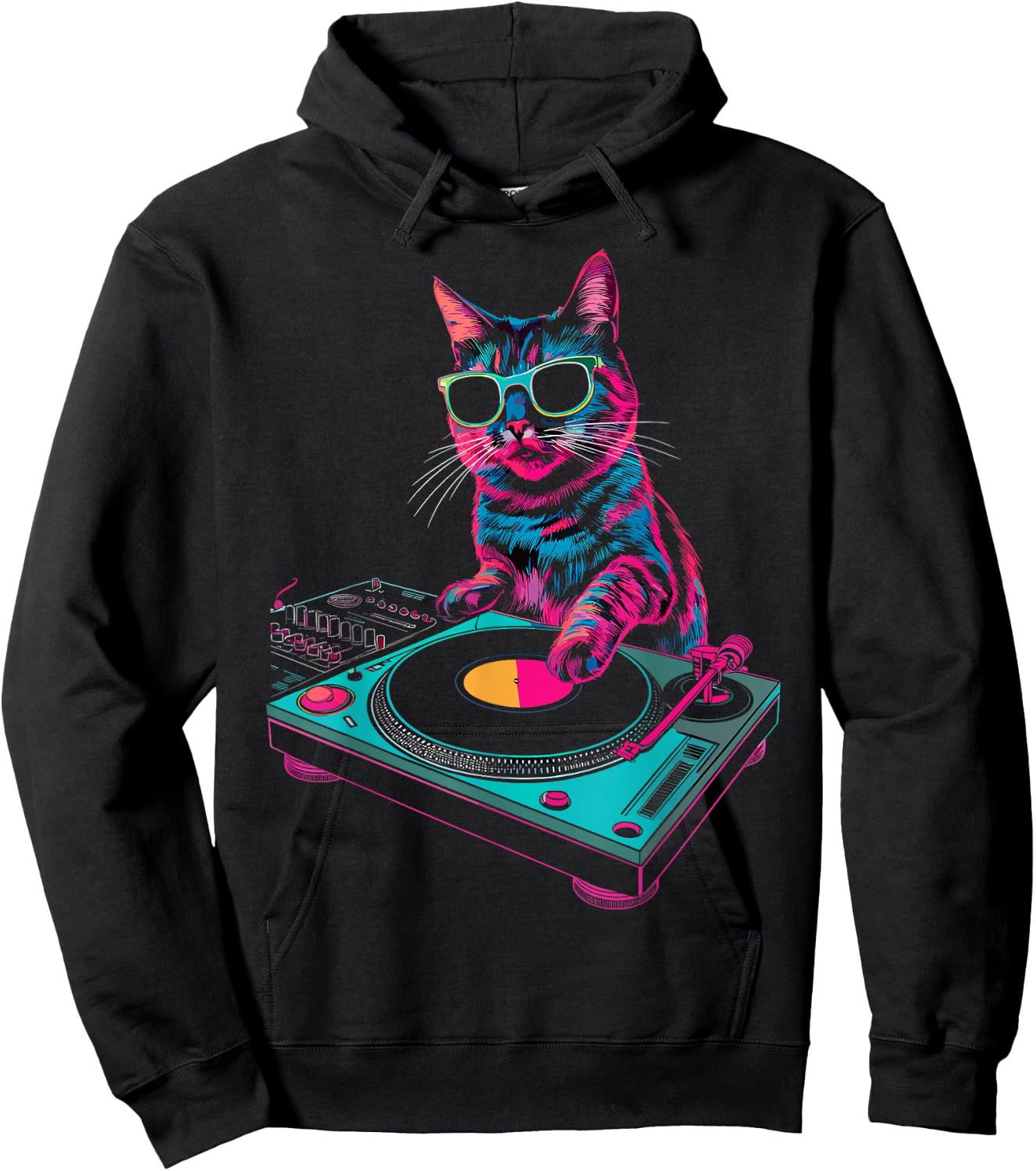 House DJ Cat Rainbow DJ Cat Kitty on Turntable Disco DJ Cat , Small, Black Hoodie - Hoodie | Black