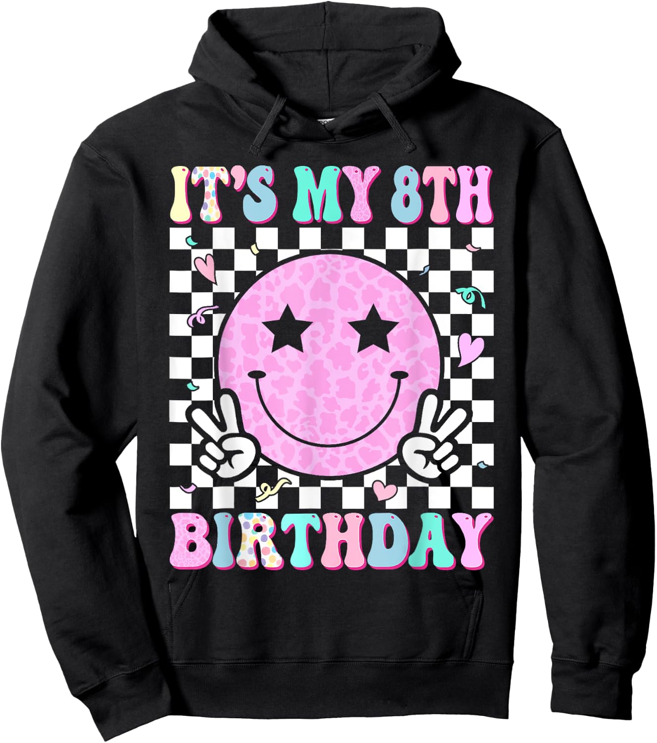 Groovy Hippie Smile Face It's My 8th Birthday 8 Years Old Hoodie - Hoodie | Black