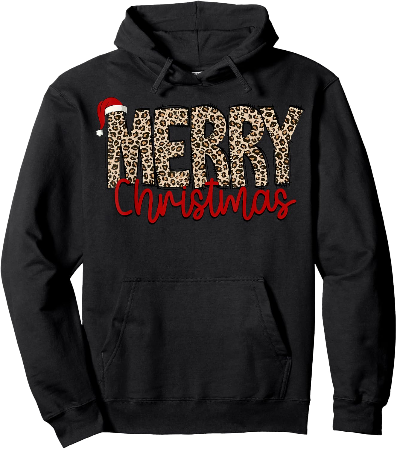 Merry Christmas Leopard Santa Hat Cheetah Print Xmas Pajamas Hoodie - Hoodie | Black