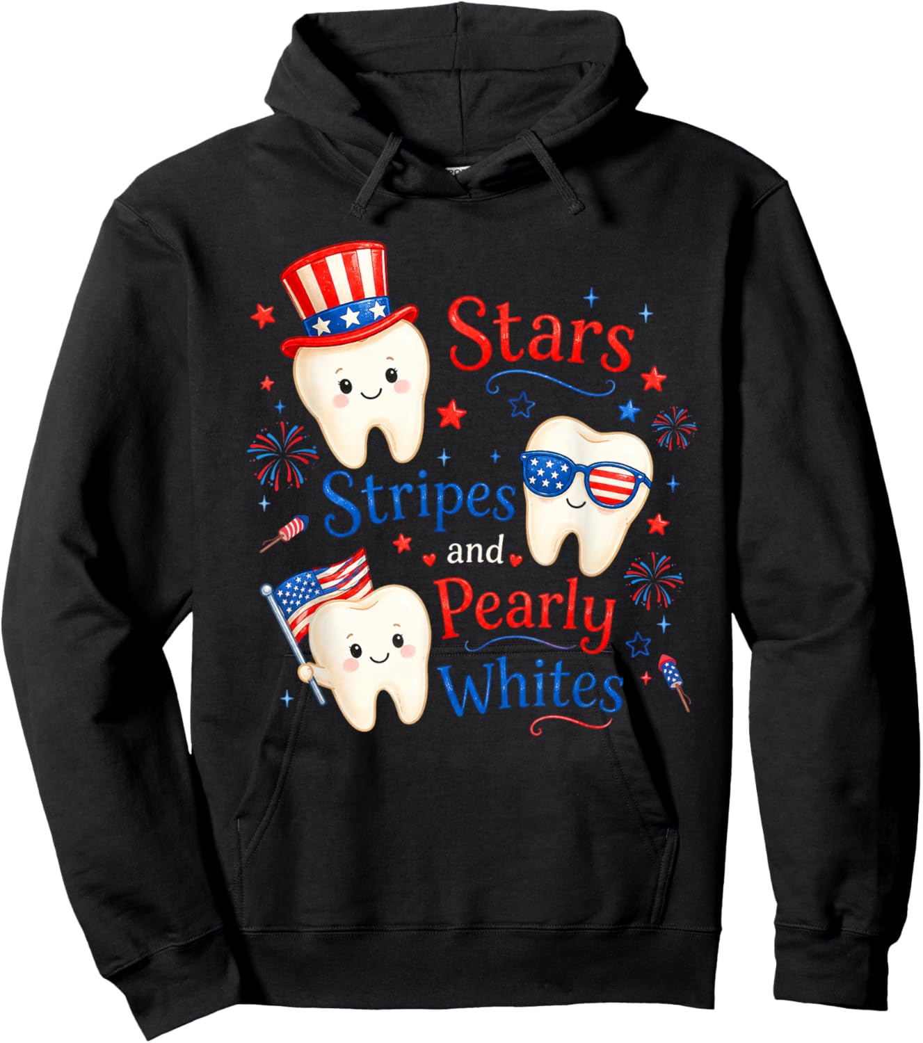 Patriotic Dental 4th of July Stars Stripes and Pearly Whites Hoodie - Hoodie | Black