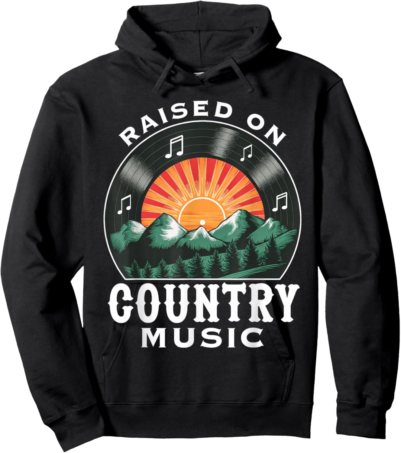 Raised on Country Music Vinyl Vintage Sunset and Mountains Hoodie - Hoodie | Black